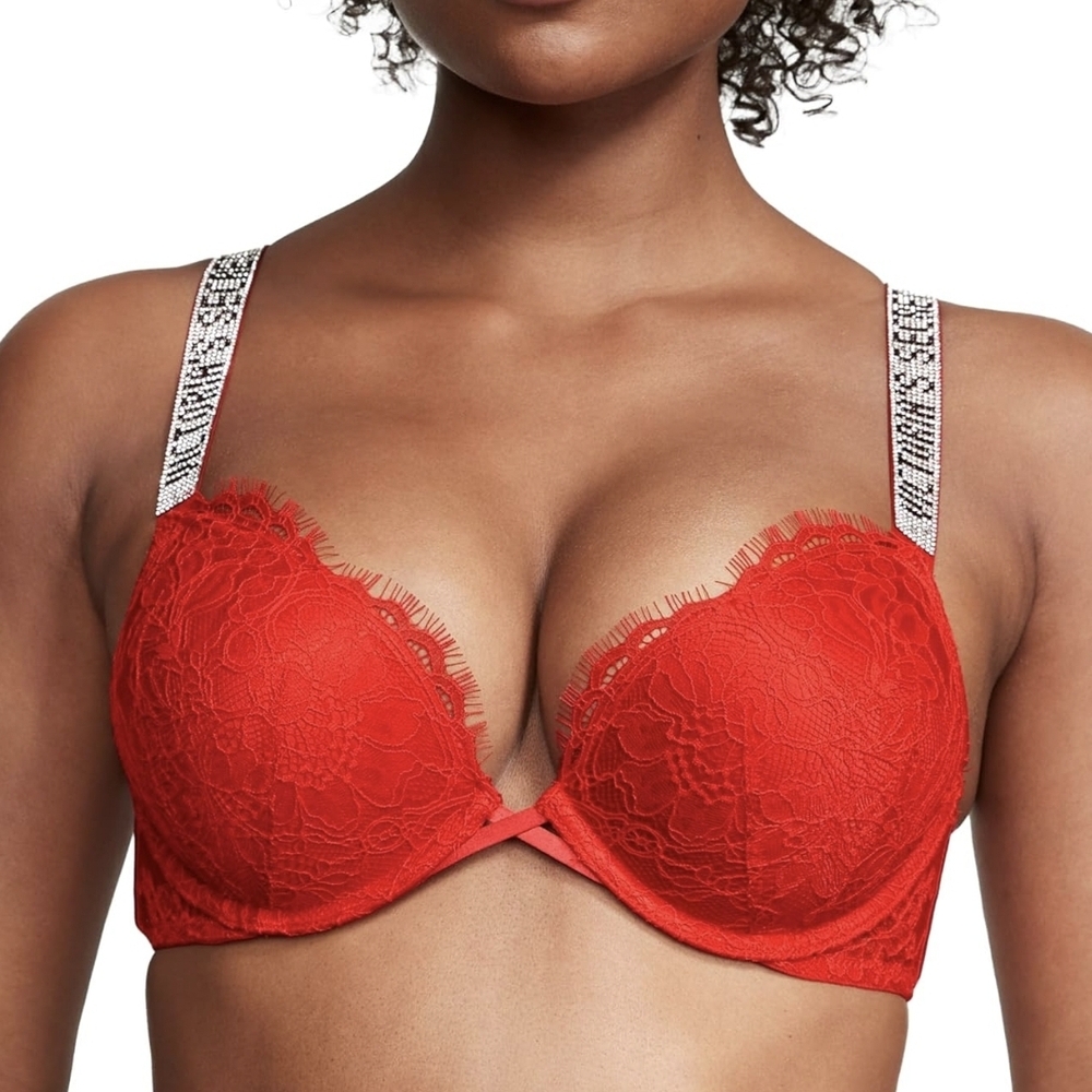 Victoria's Secret Bombshell Rhinestone  Strap And Lace Bra In Red